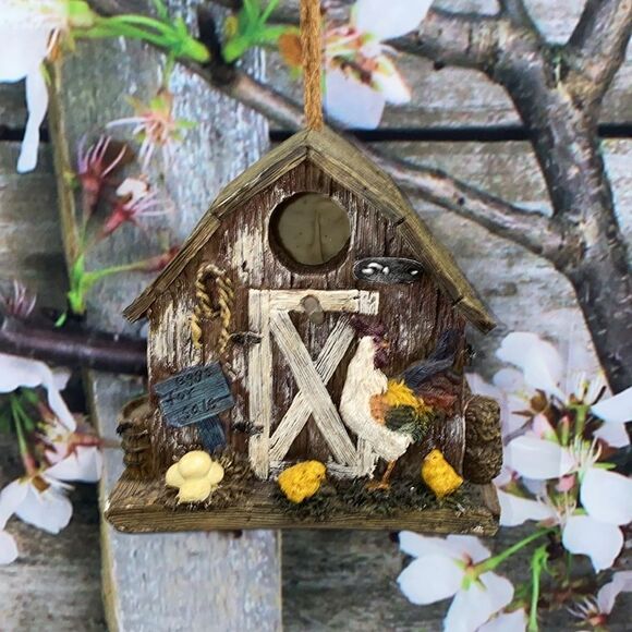 Vintage Rustic Country Barn Birdhouse with Rooster and Chicks Resin Home Garden - Picture 10 of 11